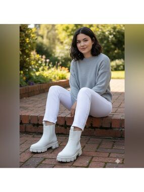 STREETWEAR SOCIETY Winter White Faux Leather Chunky Chelsea Boots US Sz 9